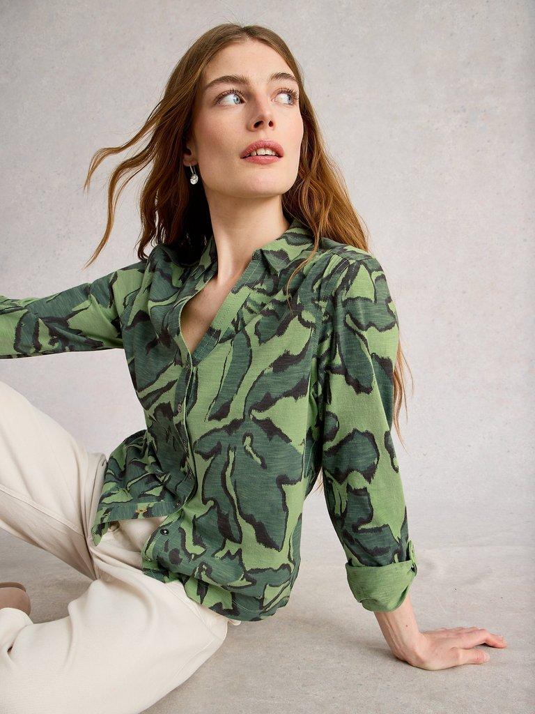 ANNIE JERSEY COLLARED MID LENGTH SHIRT in GREEN MLT - LIFESTYLE
