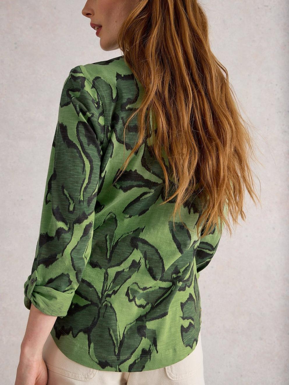ANNIE JERSEY COLLARED MID LENGTH SHIRT in GREEN MLT - MODEL BACK