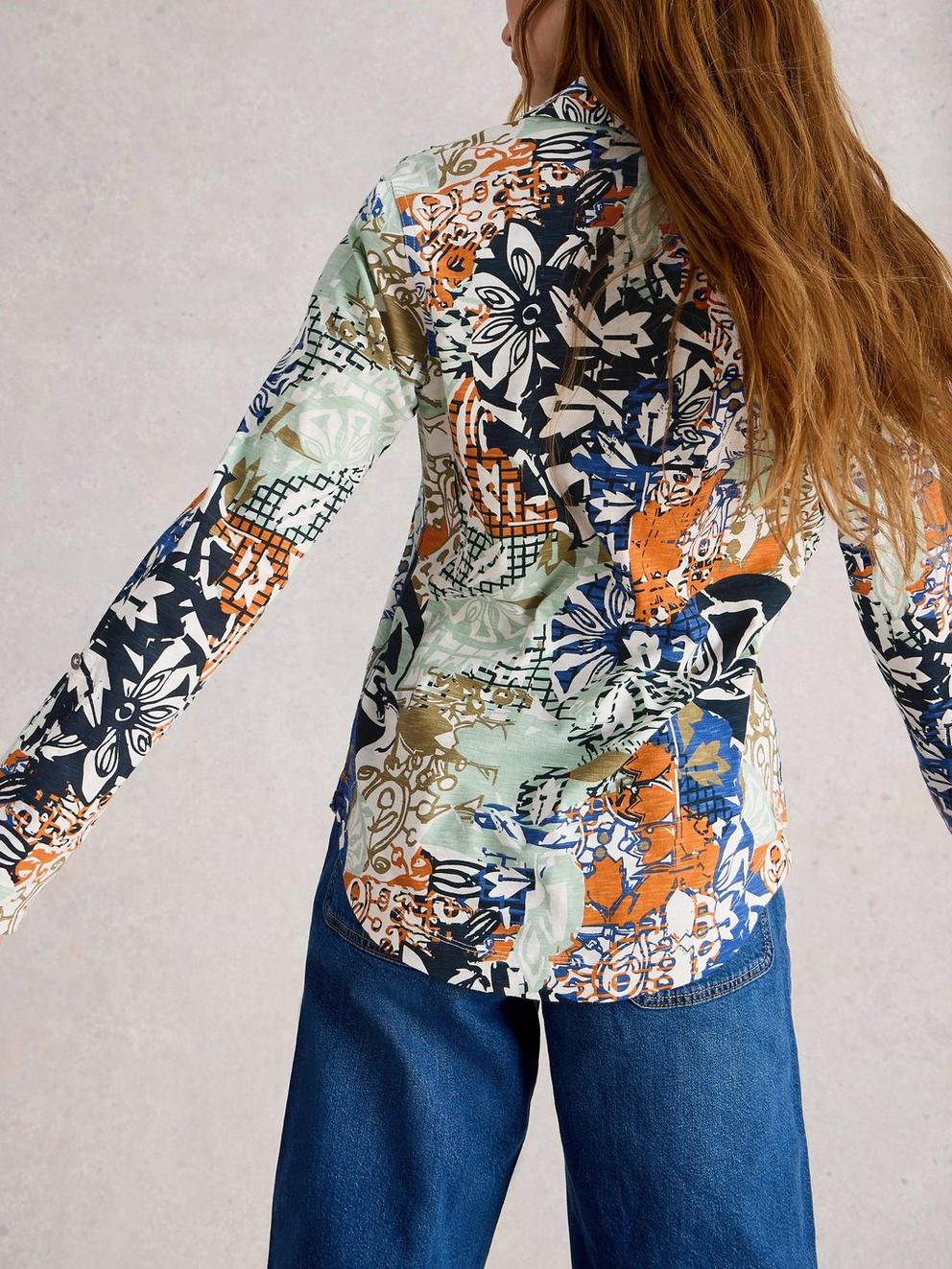 ANNIE JERSEY COLLARED MID LENGH SHIRT in ORANGE MLT - MODEL BACK