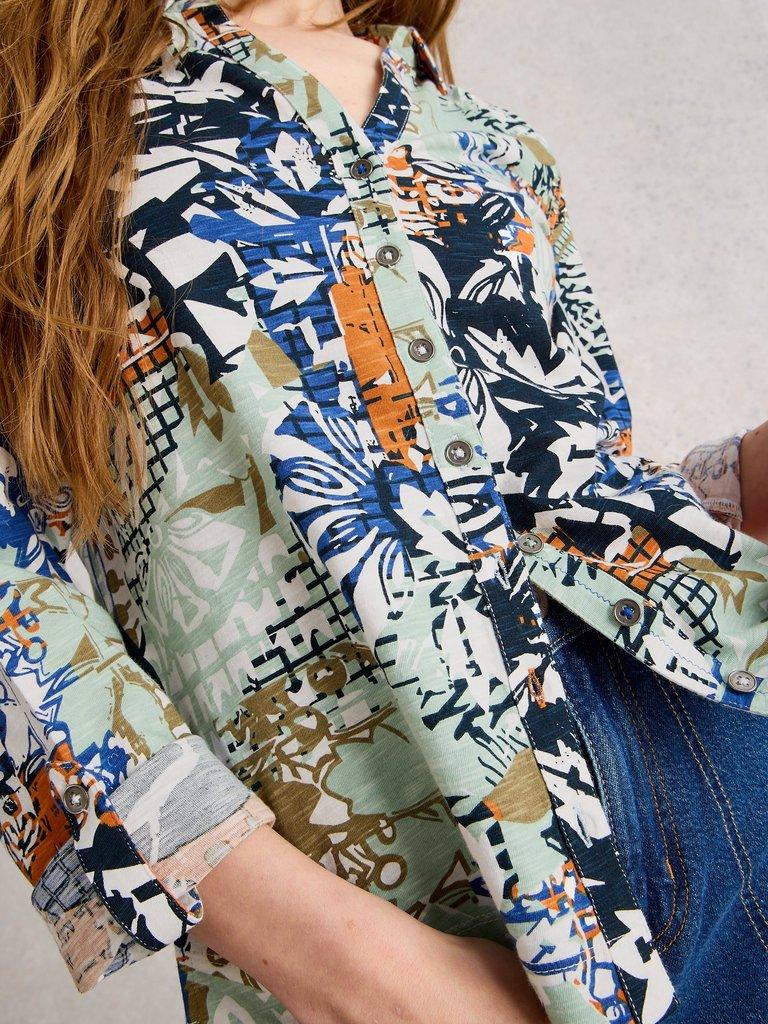 ANNIE JERSEY COLLARED MID LENGH SHIRT in ORANGE MLT - MODEL DETAIL