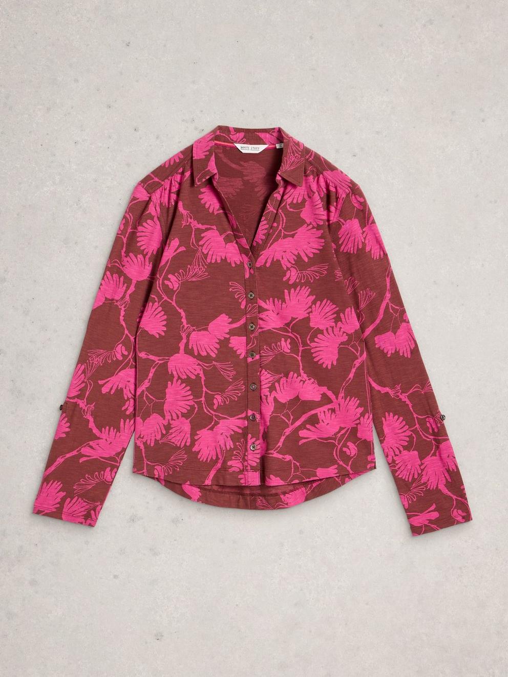 ANNIE JERSEY COLLARED MID LENGTH SHIRT in PLUM PR - FLAT FRONT