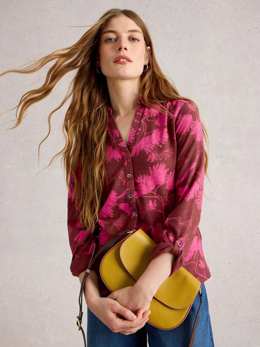 ANNIE JERSEY COLLARED MID LENGTH SHIRT in PLUM PURPLE PRINT