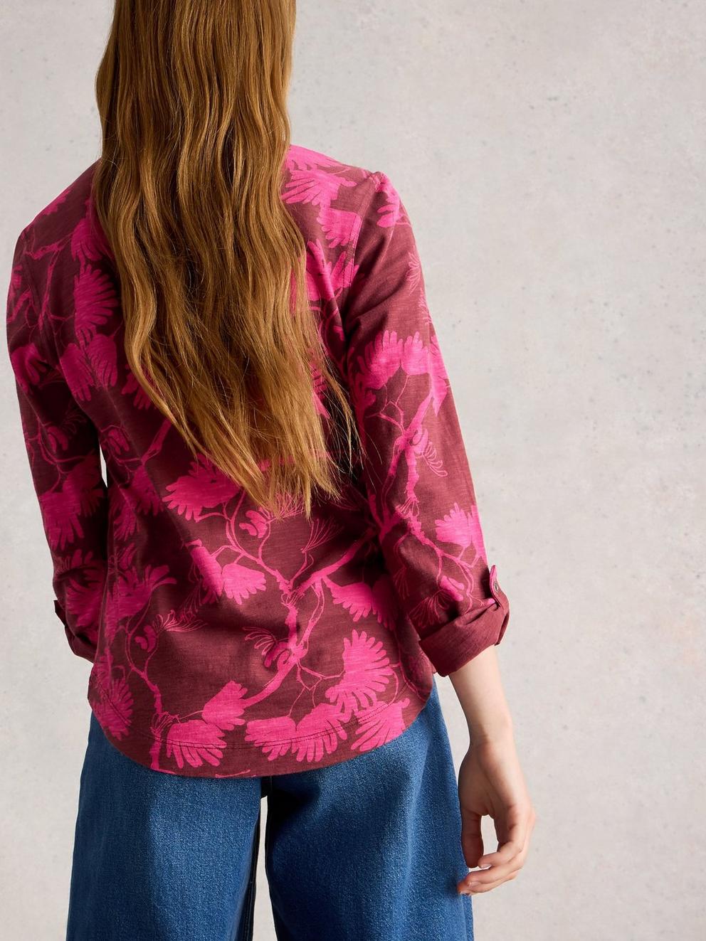 ANNIE JERSEY COLLARED MID LENGTH SHIRT in PLUM PR - MODEL BACK