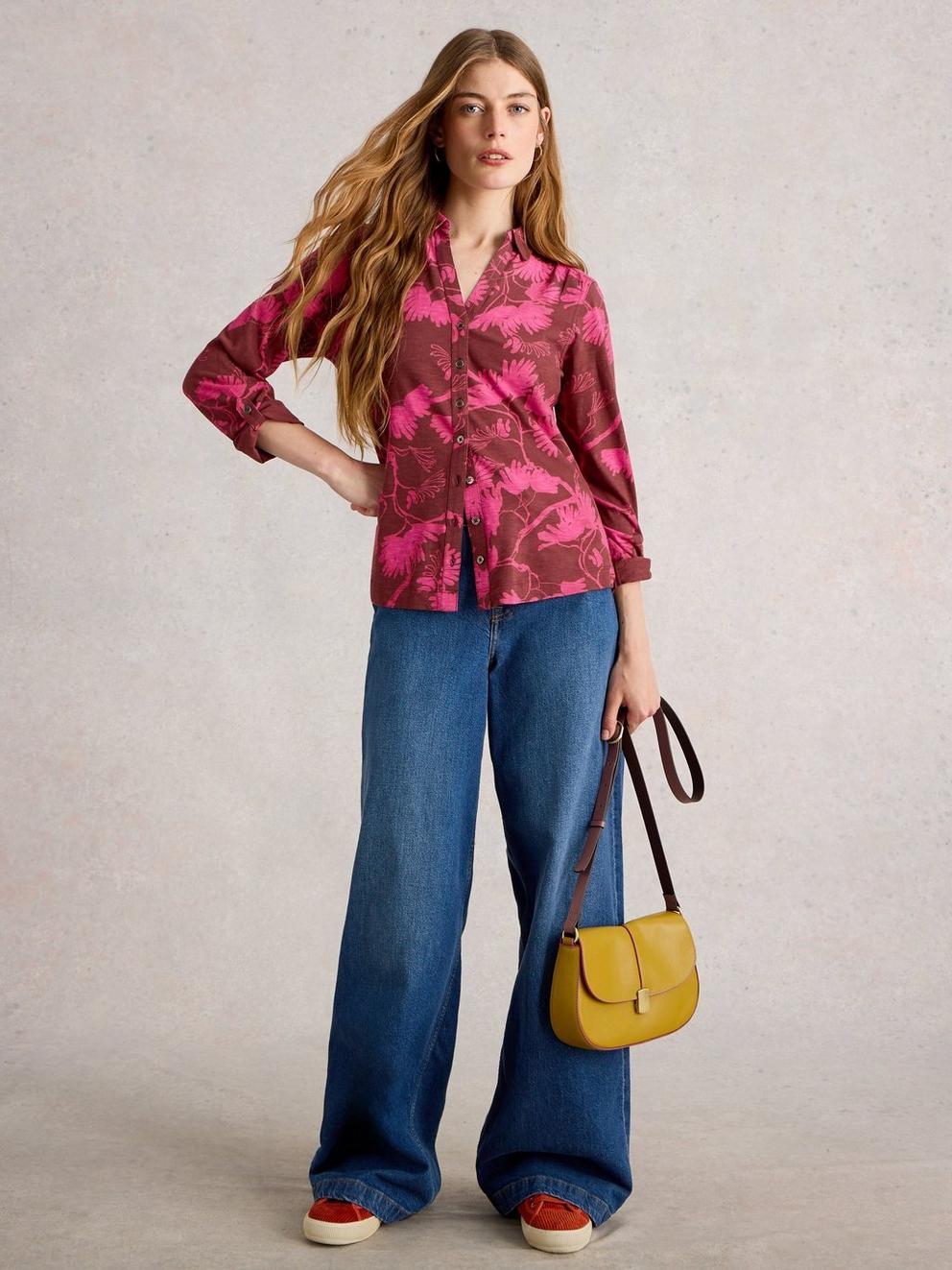 ANNIE JERSEY COLLARED MID LENGTH SHIRT in PLUM PR - MODEL FRONT