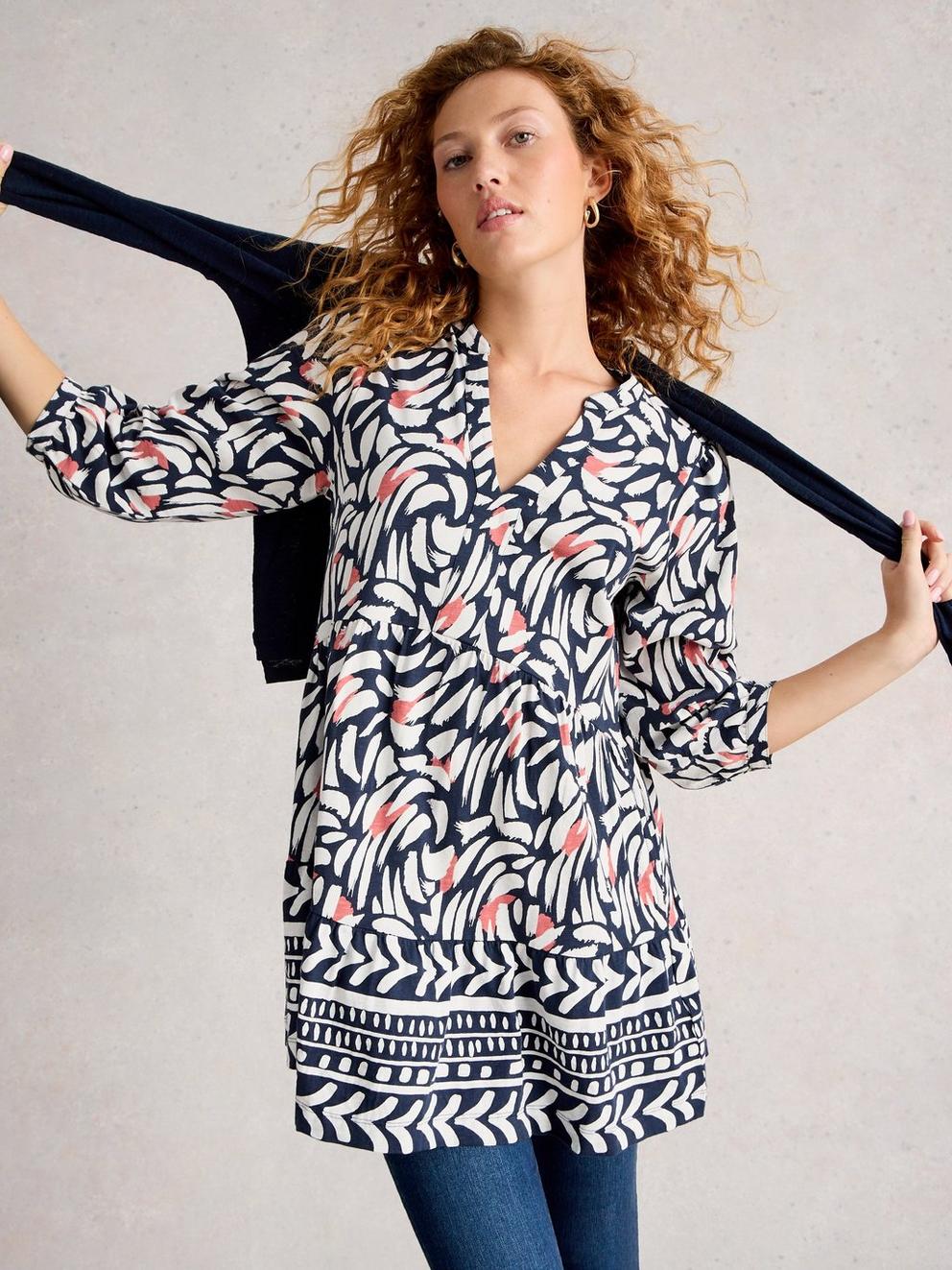 MARTA LONG SLEEVE TUNIC in BLUE MLT - LIFESTYLE
