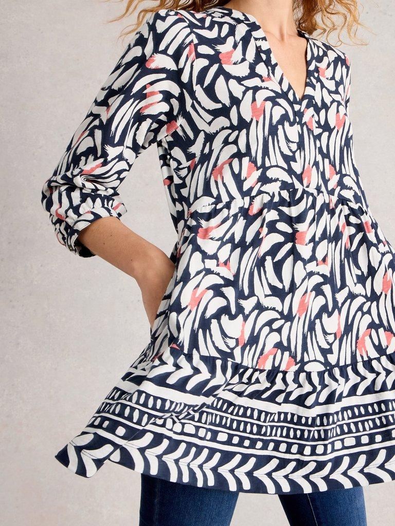 MARTA LONG SLEEVE TUNIC in BLUE MLT - MODEL DETAIL