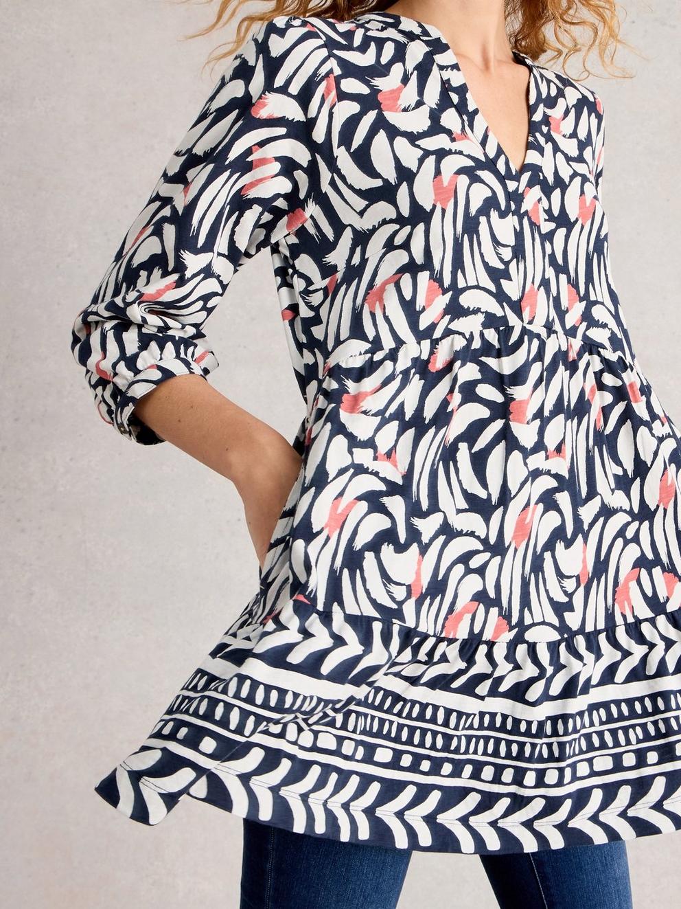MARTA LONG SLEEVE TUNIC in BLUE MLT - MODEL DETAIL