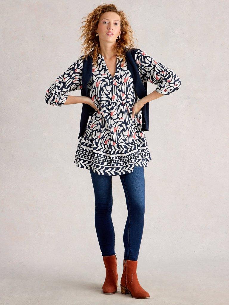 MARTA LONG SLEEVE TUNIC in BLUE MLT - MODEL FRONT