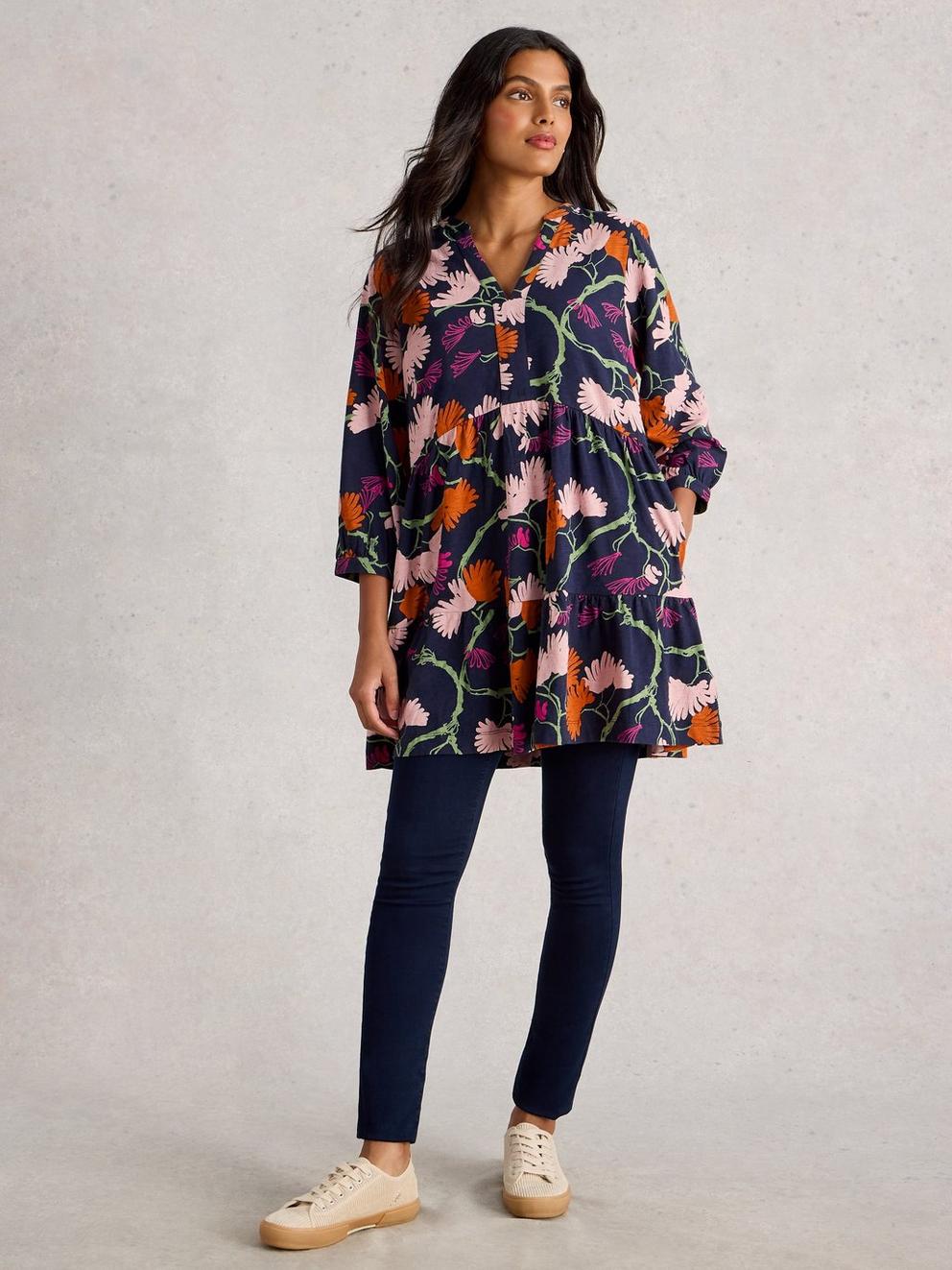 MARTA LONG SLEEVE TUNIC in BLUE PR - MODEL FRONT