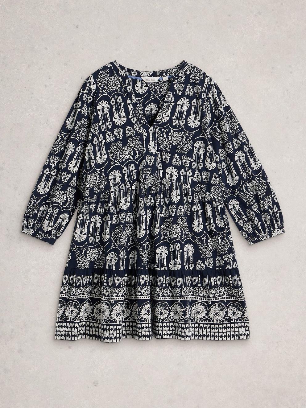MARTA LONG SLEEVE TUNIC in NAVY MULTI - FLAT FRONT