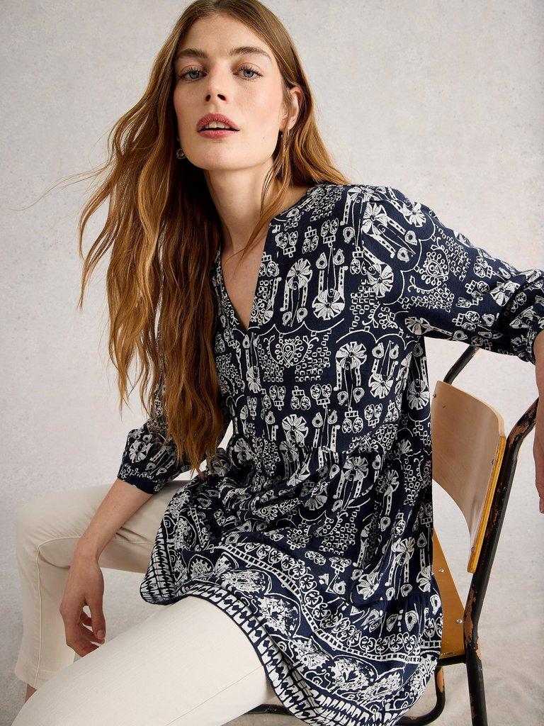 MARTA LONG SLEEVE TUNIC in NAVY MULTI - LIFESTYLE