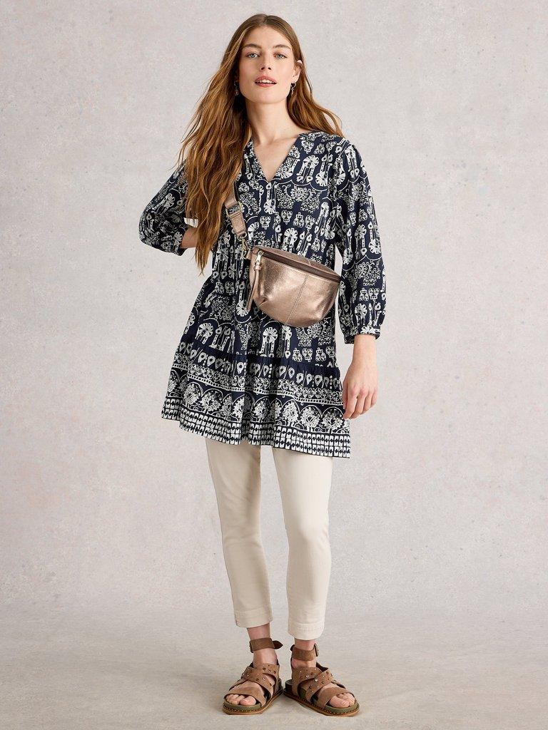 MARTA LONG SLEEVE TUNIC in NAVY MULTI - MODEL FRONT