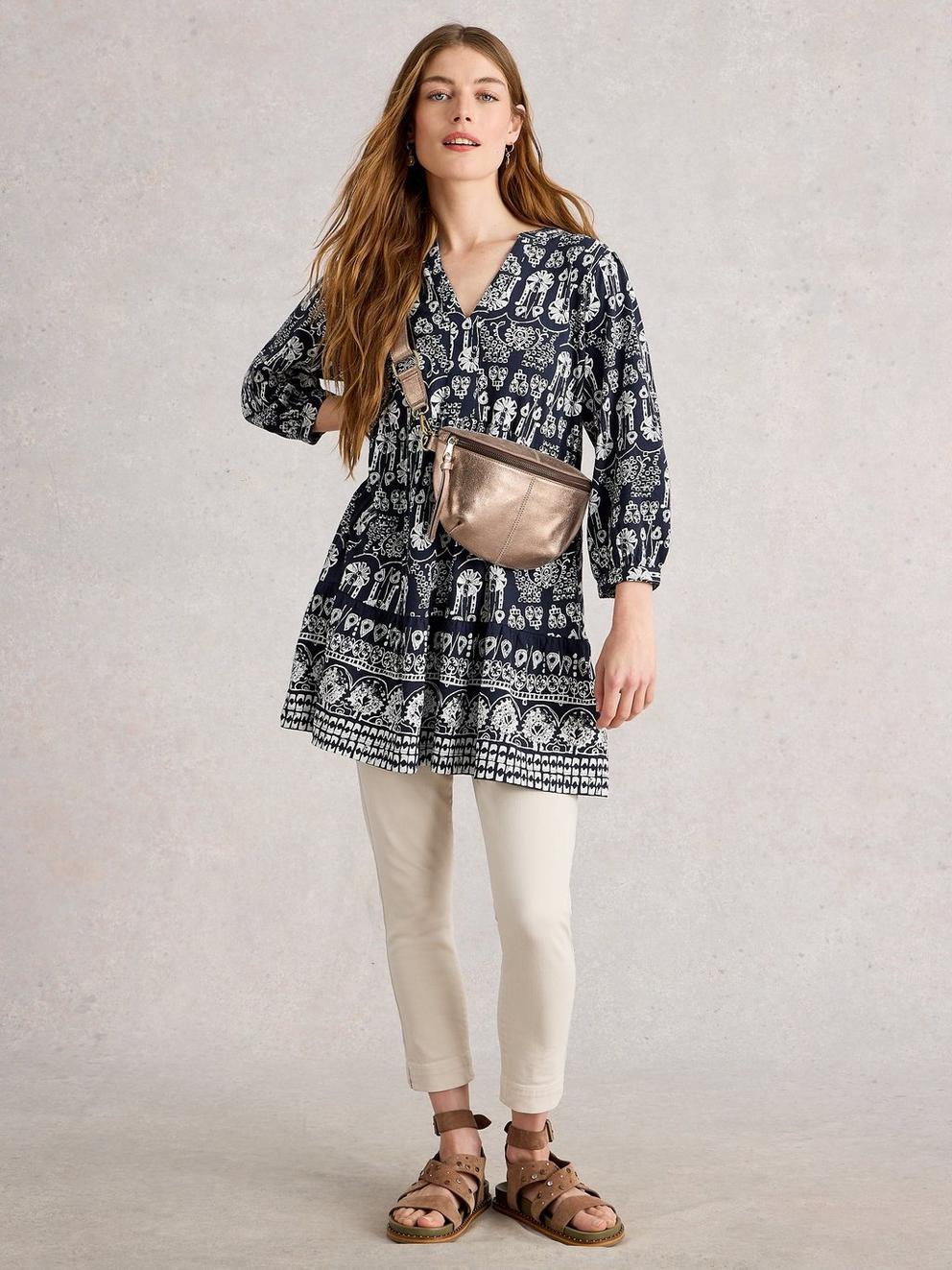 MARTA LONG SLEEVE TUNIC in NAVY MULTI - MODEL FRONT