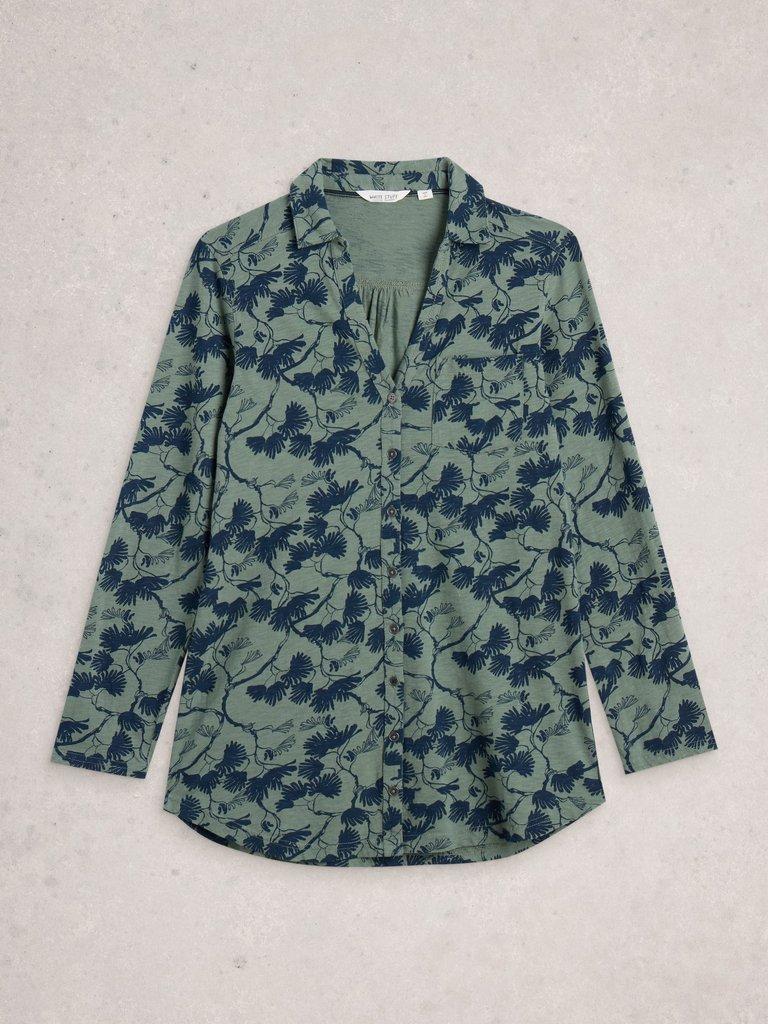 ANNIE LONG SLEEVE LONGLINE SHIRT in GREEN MLT - FLAT FRONT