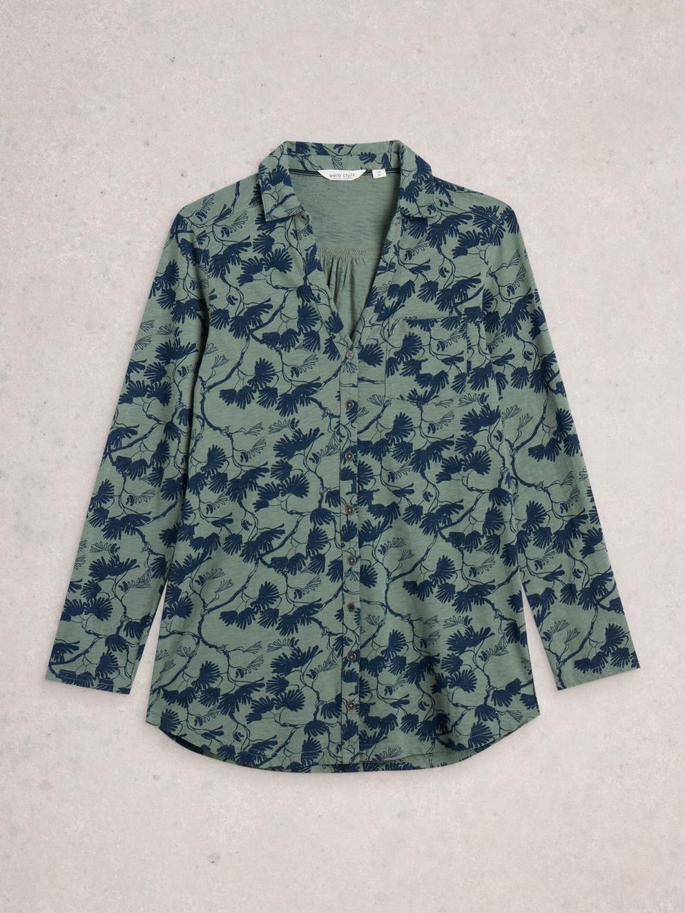ANNIE LONG SLEEVE LONGLINE SHIRT in GREEN MLT - FLAT FRONT