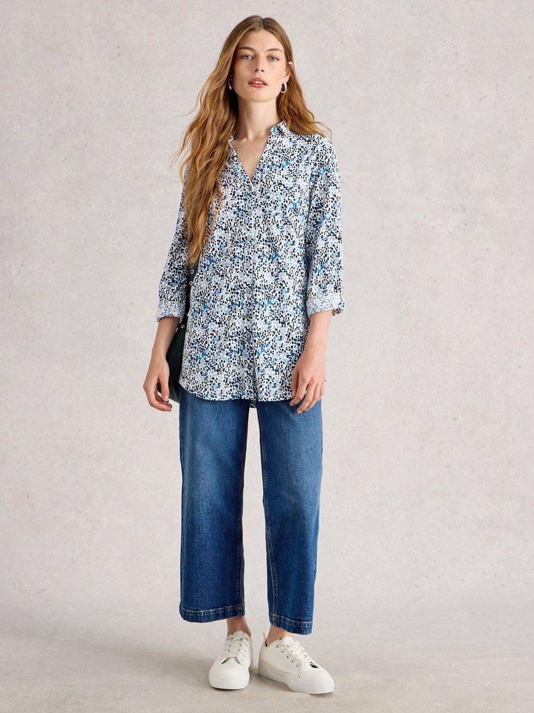 ANNIE LONG SLEEVE LONGLINE SHIRT in WHITE PR - MODEL FRONT