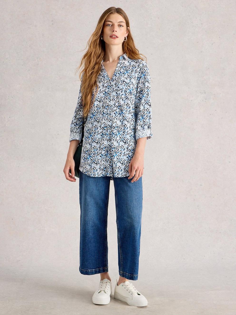 ANNIE LONG SLEEVE LONGLINE SHIRT in WHITE PR - MODEL FRONT