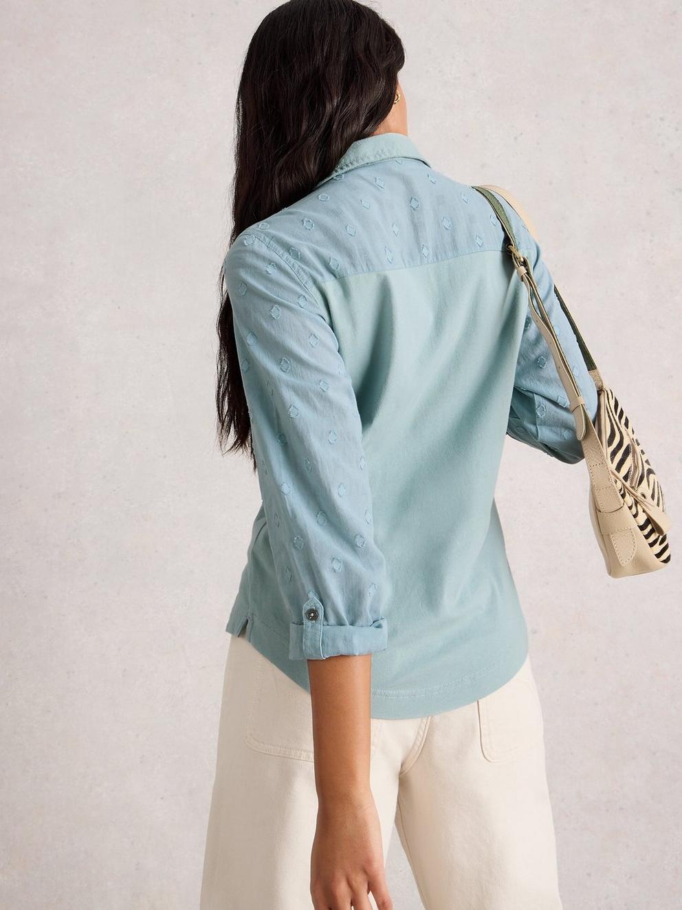 ANNIE MIX JERSEY SHIRT in DUS GREEN - MODEL BACK