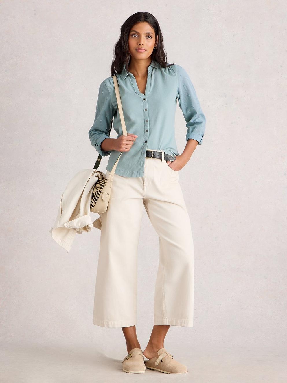 ANNIE MIX JERSEY SHIRT in DUS GREEN - MODEL FRONT