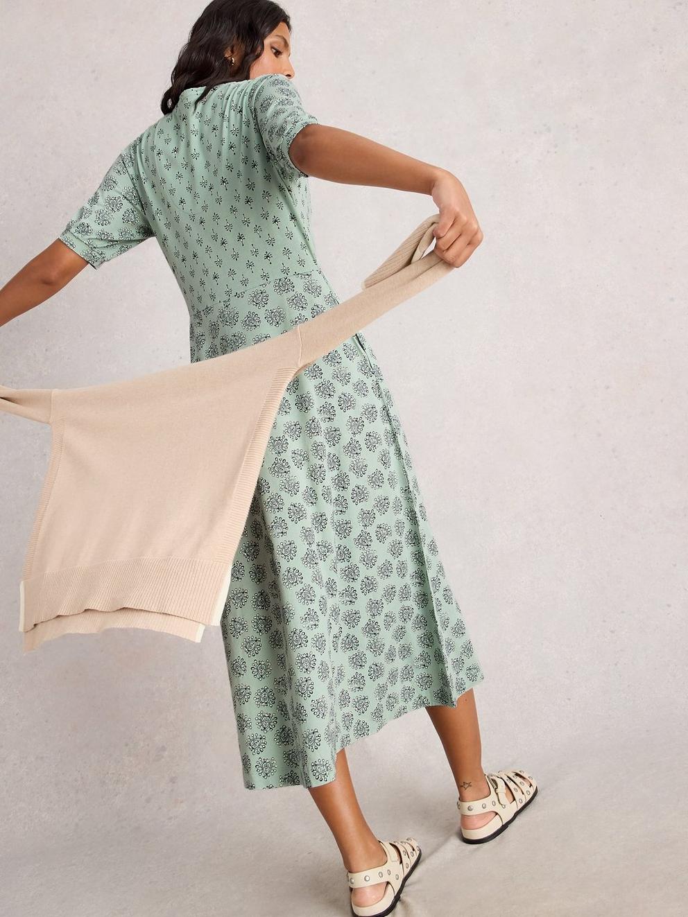 Megan Short Sleeve Jersey Midi Dress in LGT GREEN - MODEL BACK