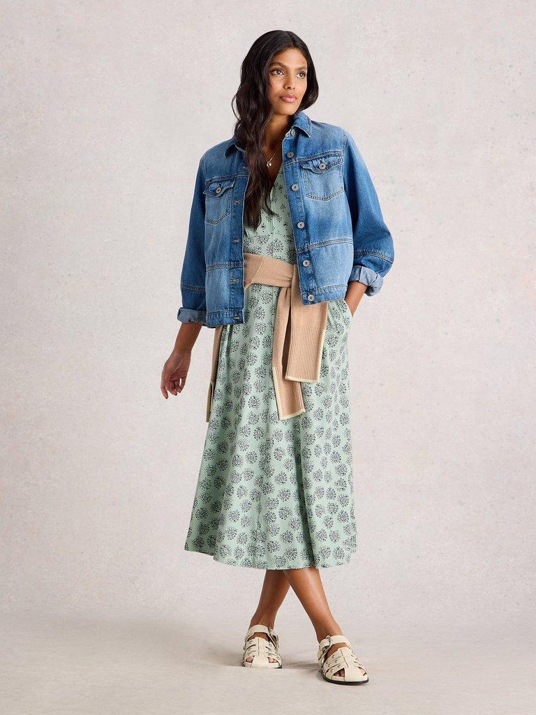 Megan Short Sleeve Jersey Midi Dress in LGT GREEN - MODEL FRONT