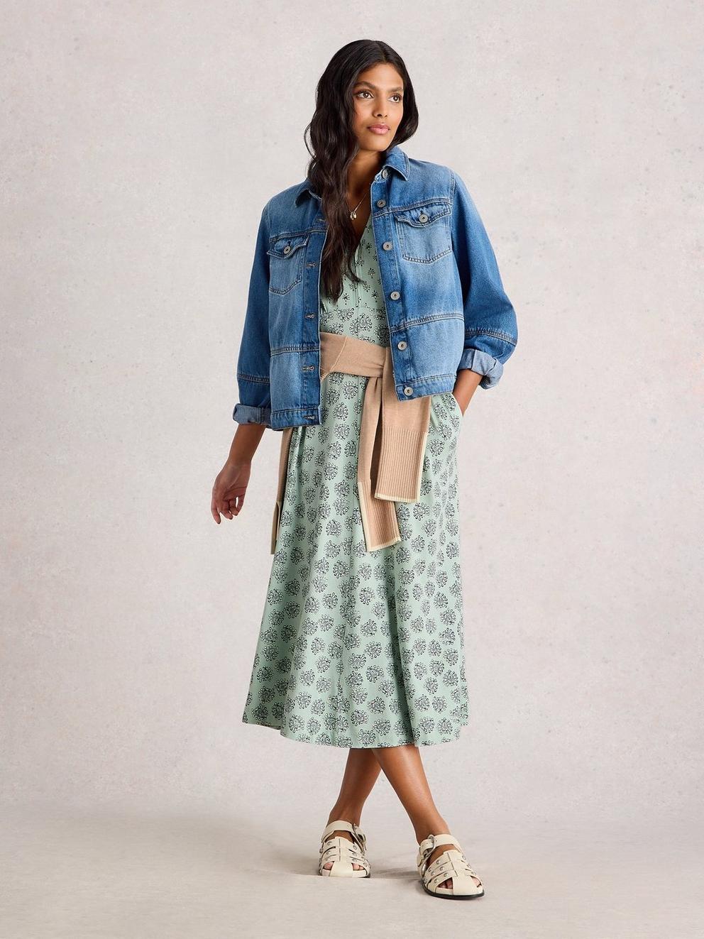 Megan Short Sleeve Jersey Midi Dress in LGT GREEN - MODEL FRONT