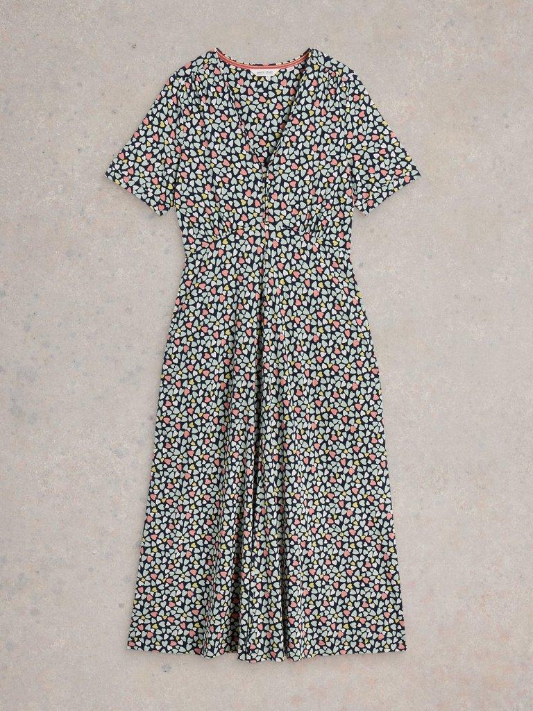 Megan Short Sleeve Jersey Midi Dress in NAVY MULTI - FLAT FRONT
