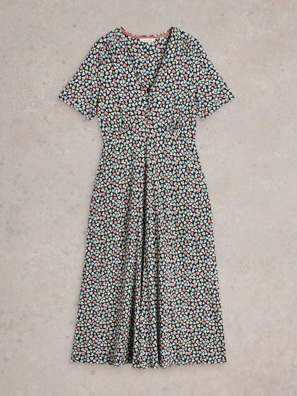 Megan Short Sleeve Jersey Midi Dress in NAVY MULTI - FLAT FRONT