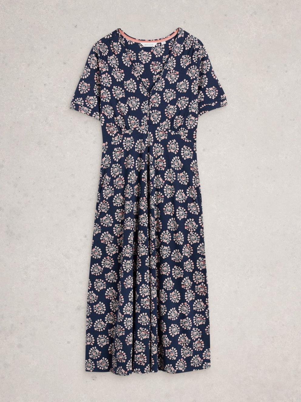 Megan Short Sleeve Jersey Midi Dress in NAVY PR - FLAT FRONT