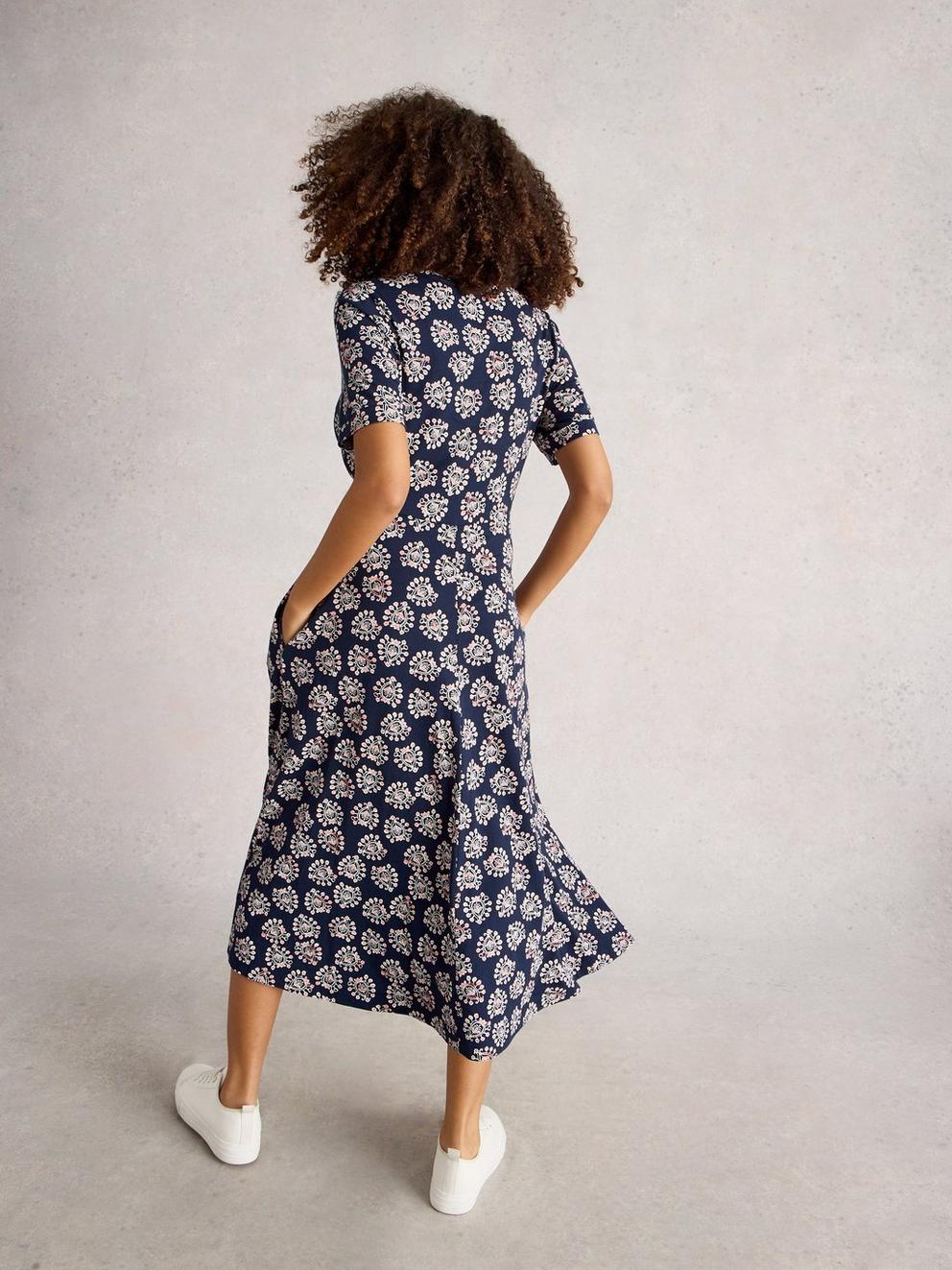 Megan Short Sleeve Jersey Midi Dress in NAVY PR - MODEL BACK