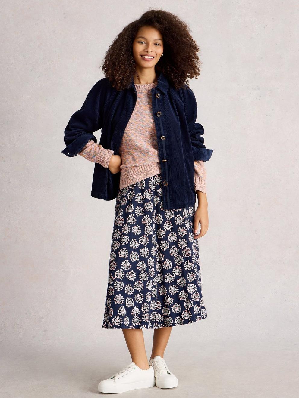 Megan Short Sleeve Jersey Midi Dress in NAVY PR - MODEL FRONT