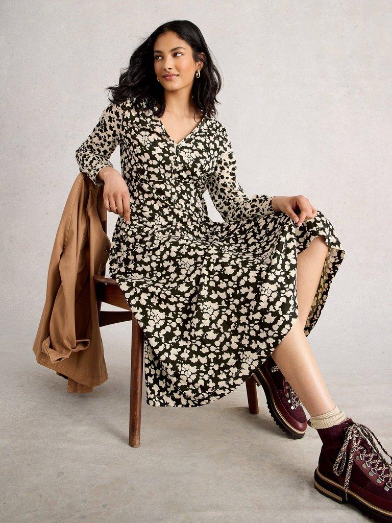 Megan Long Sleeve Jersey Midi Dress in BLACK PRINT White Stuff