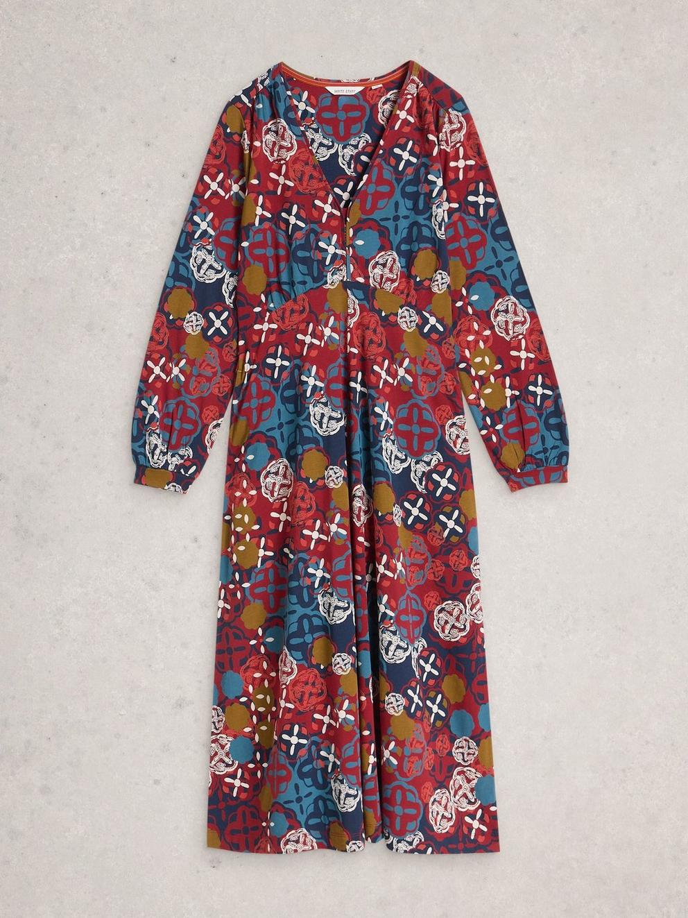 Megan Long Sleeve Jersey Midi Dress in CHART MLT - FLAT FRONT