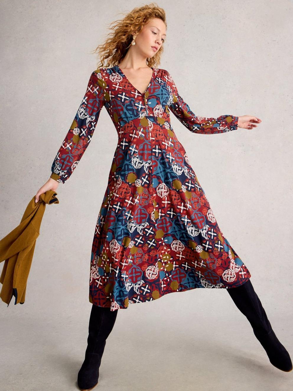 Megan Long Sleeve Jersey Midi Dress in CHART MLT - LIFESTYLE