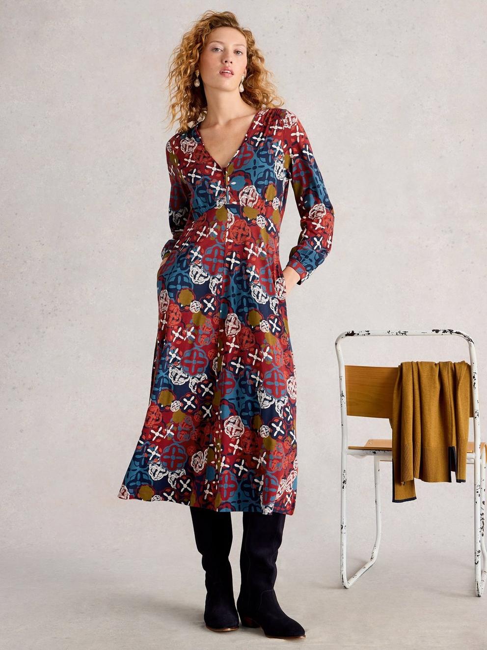 Megan Long Sleeve Jersey Midi Dress in CHART MLT - MODEL FRONT