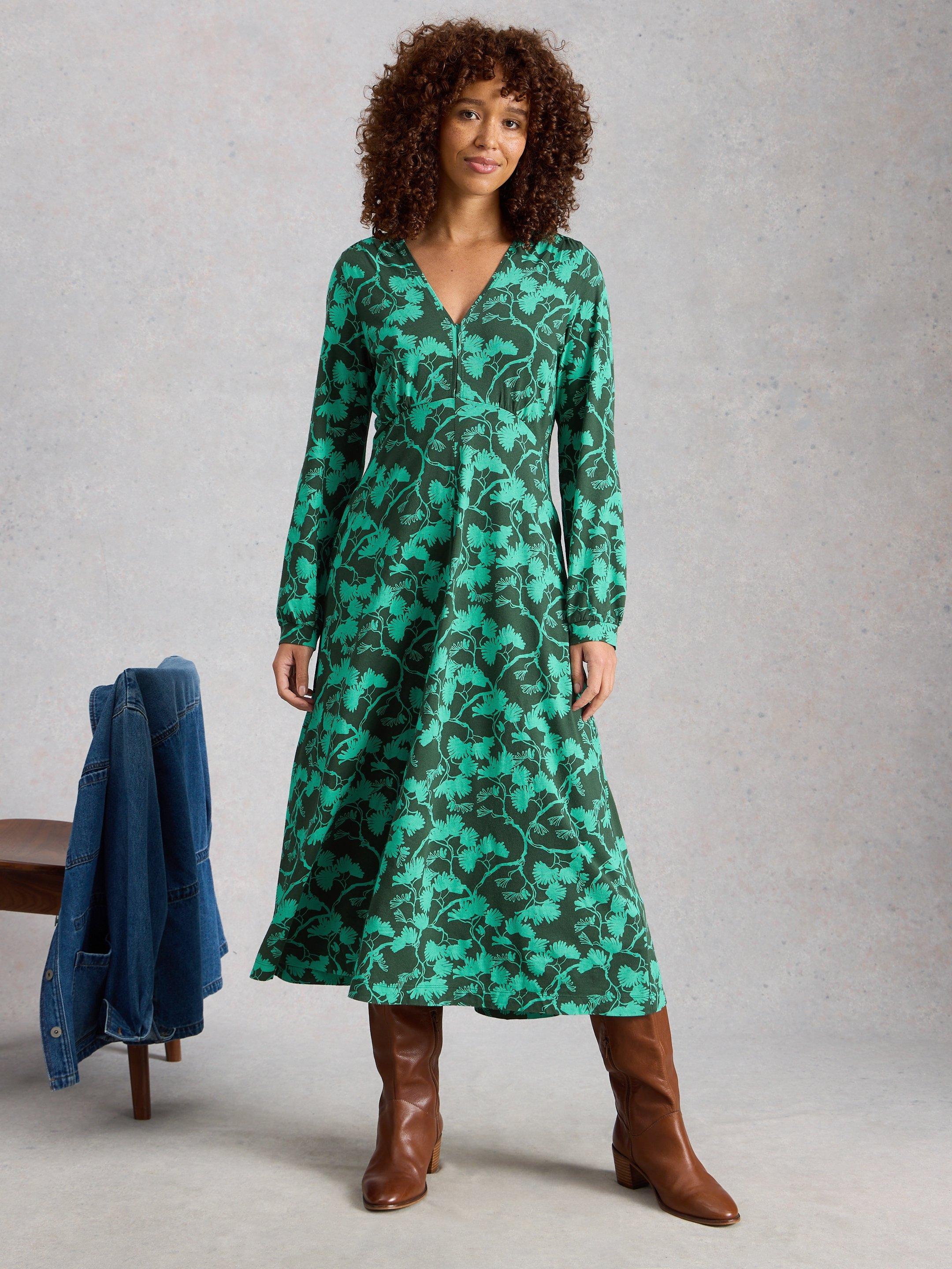 Sleeve Jersey Wrap Midi Dress Megan Long Sleeve Jersey Midi Dress In GREEN  PRINT White Stuff US