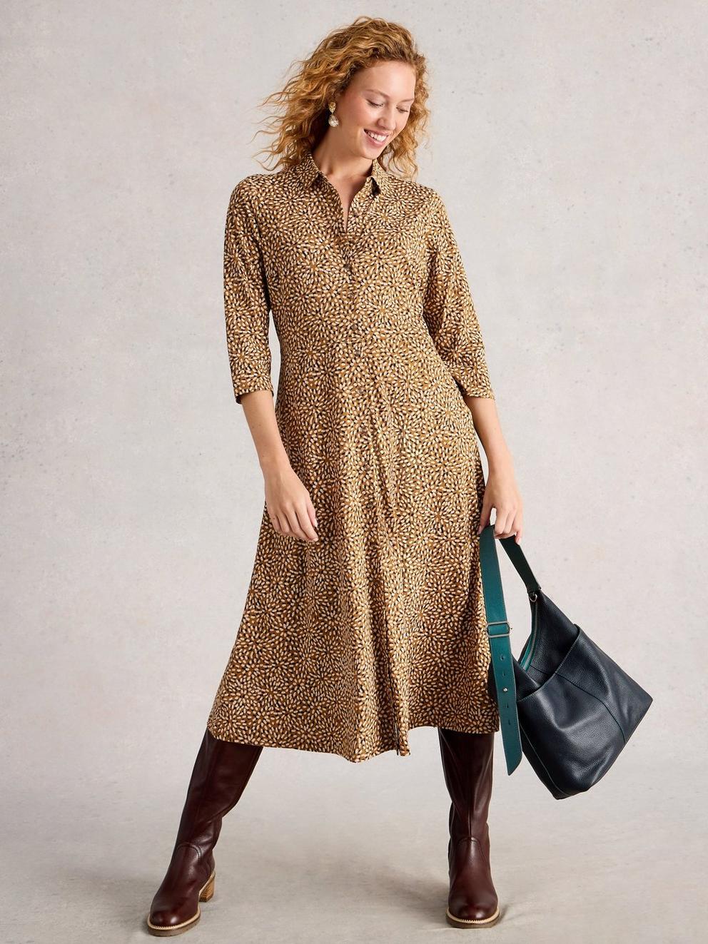 Rua Jersey Collared Shirt Dress in CHART PR - MODEL FRONT