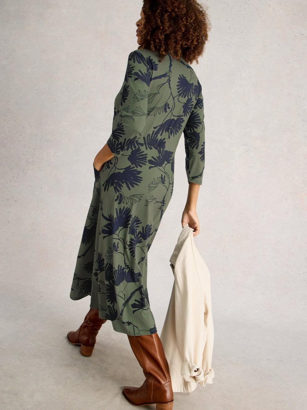 Rua Jersey Collared Shirt Dress in GREEN MLT - MODEL BACK