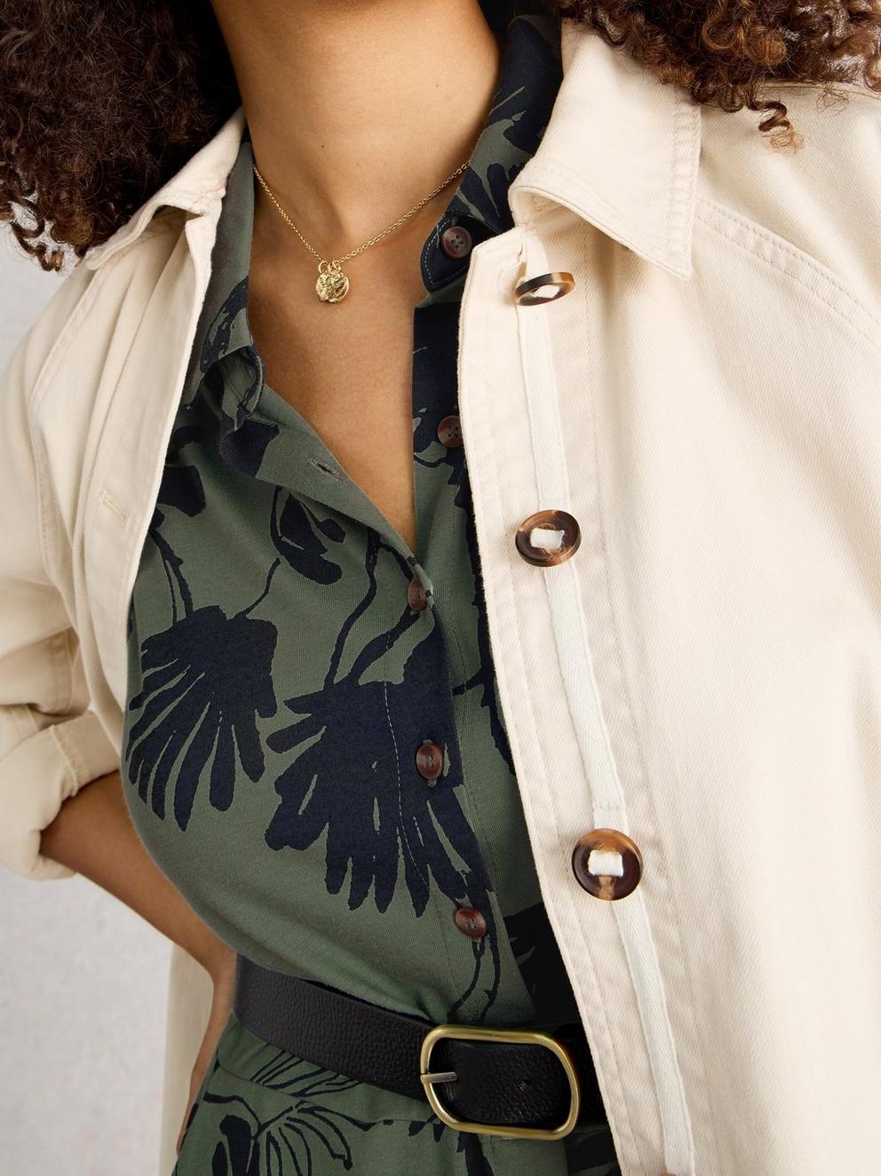 Rua Jersey Collared Shirt Dress in GREEN MLT - MODEL DETAIL