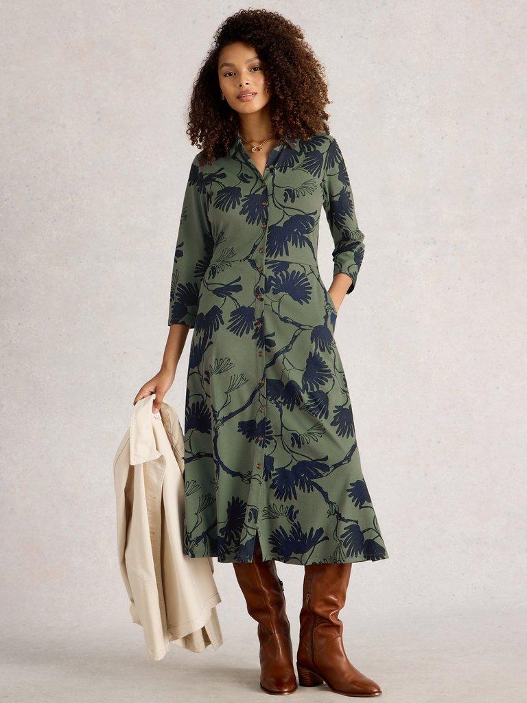 Rua Jersey Collared Shirt Dress in GREEN MLT - MODEL FRONT