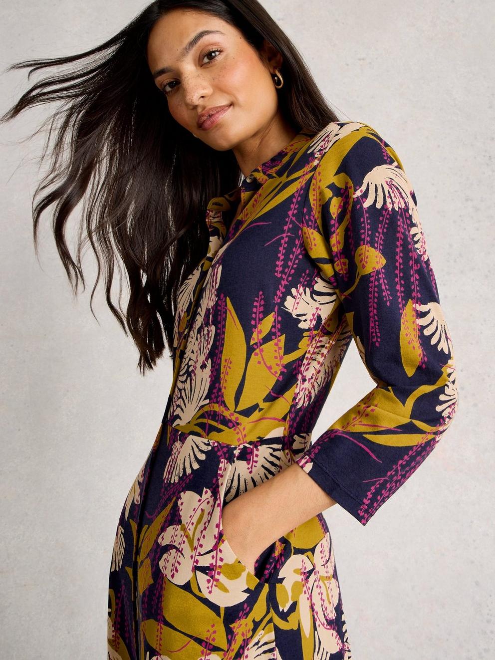 Rua Jersey Collared Shirt Dress in NAVY MULTI - MODEL DETAIL