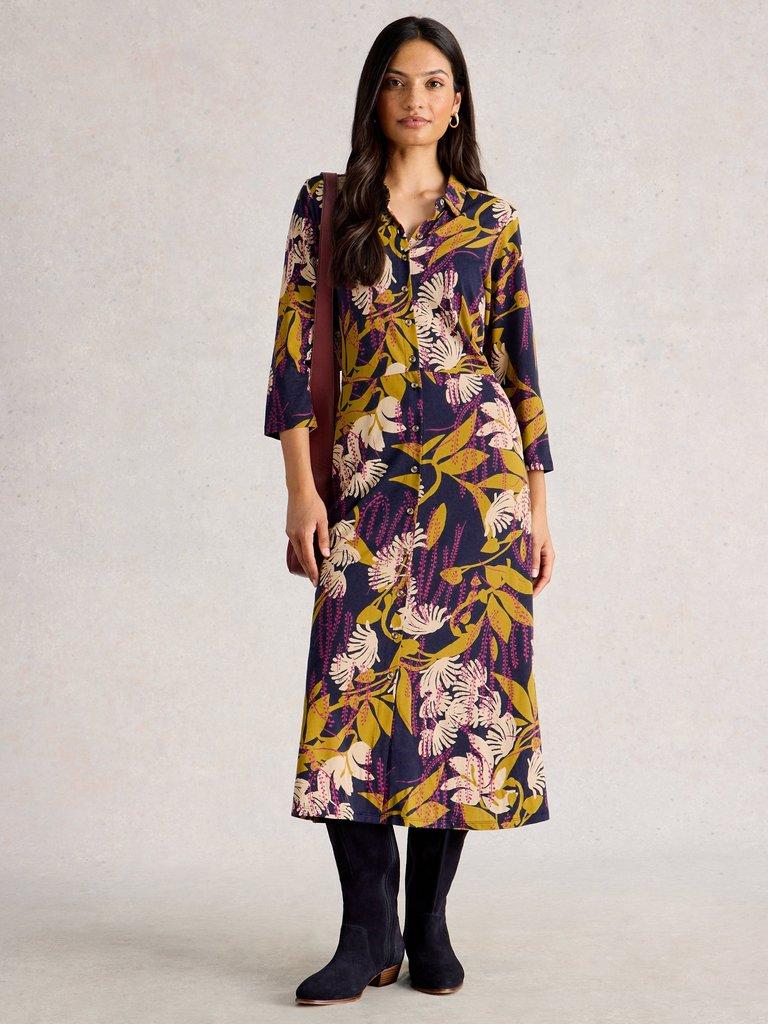 Rua Jersey Collared Shirt Dress in NAVY MULTI - MODEL FRONT