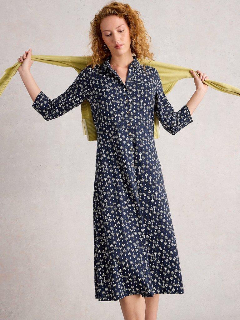 Rua Jersey Collared Shirt Dress in NAVY PR - MODEL DETAIL