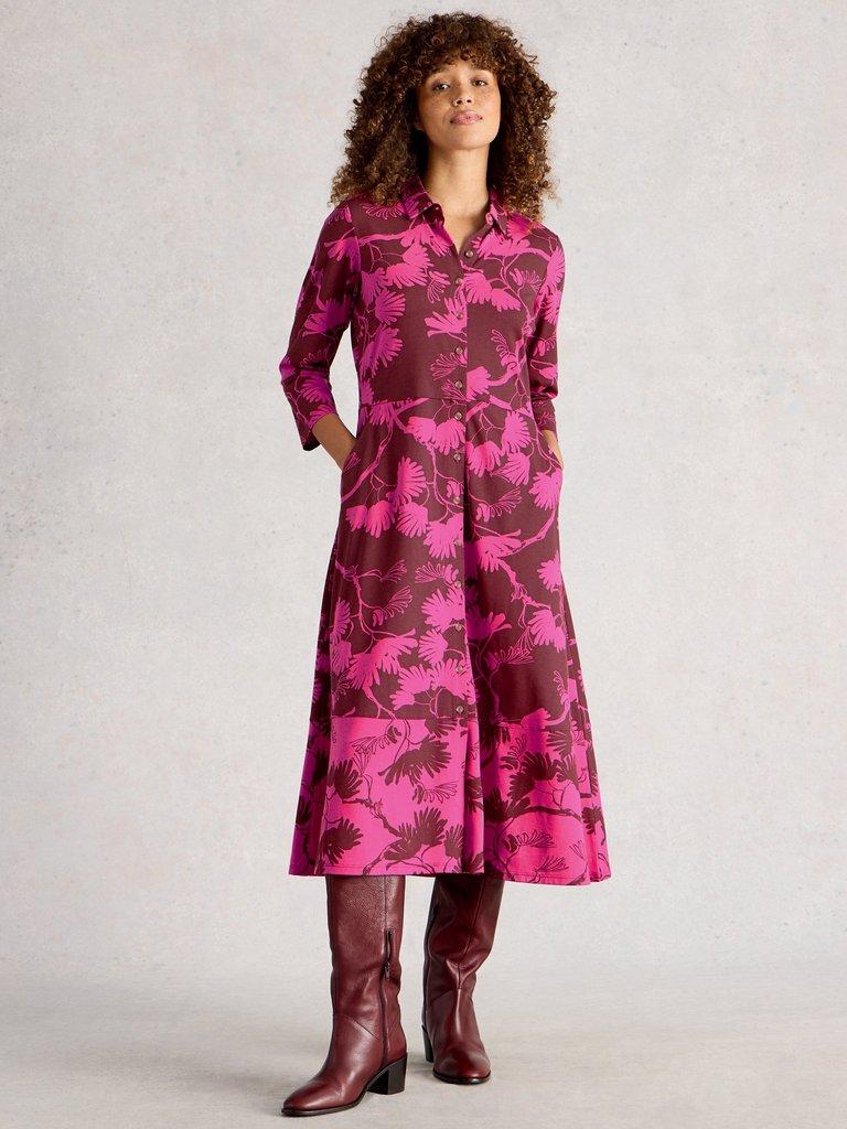 Rua Jersey Collared Shirt Dress in PINK PR - MODEL FRONT