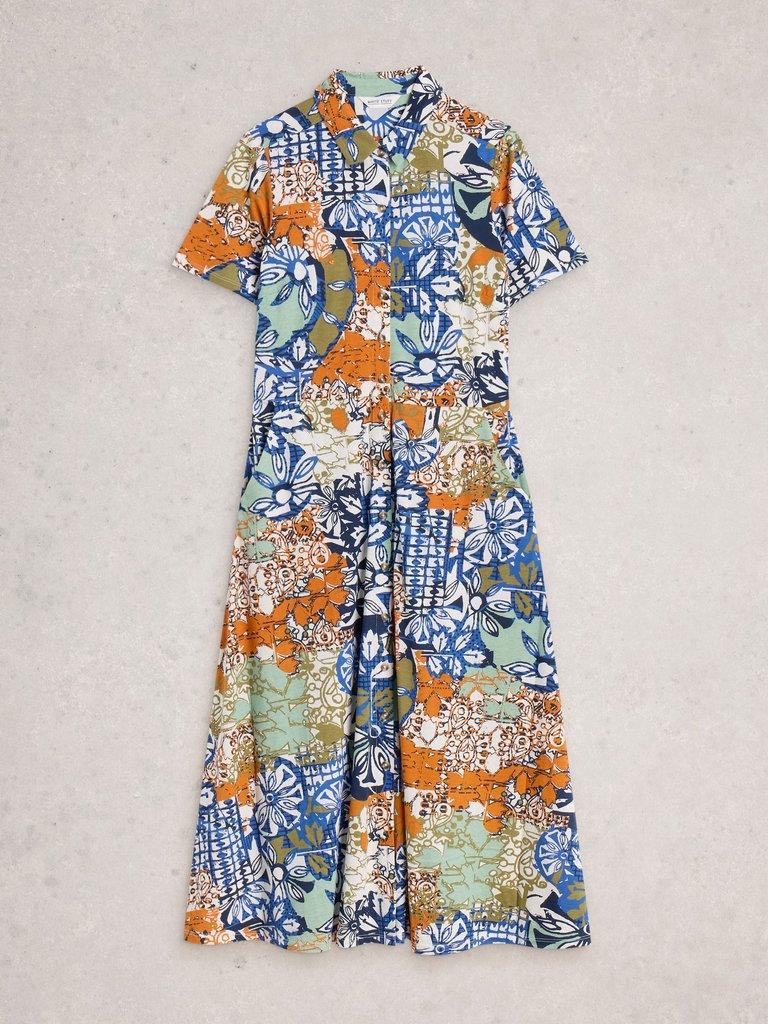 Rua Jersey Collared Shirt Midi Dress in ORANGE MLT - FLAT FRONT