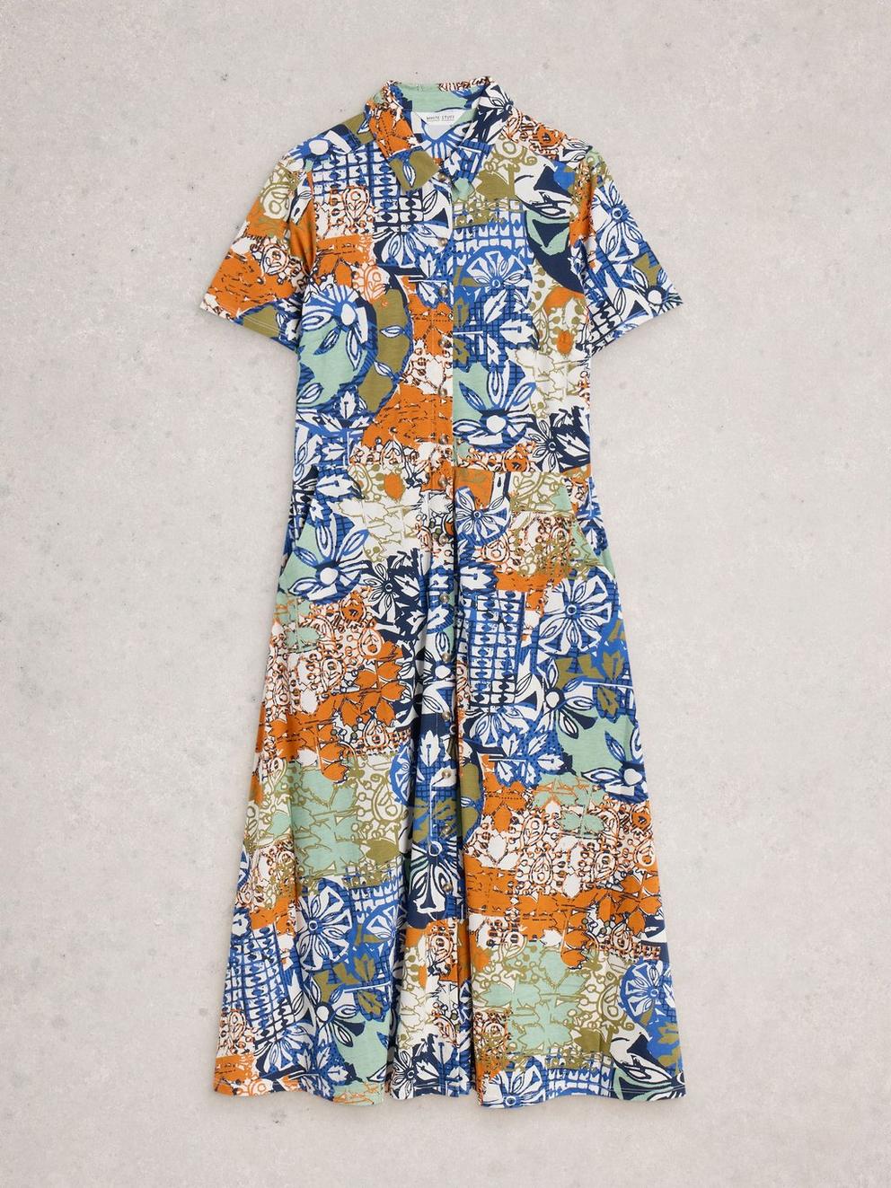 Rua Jersey Collared Shirt Midi Dress in ORANGE MLT - FLAT FRONT