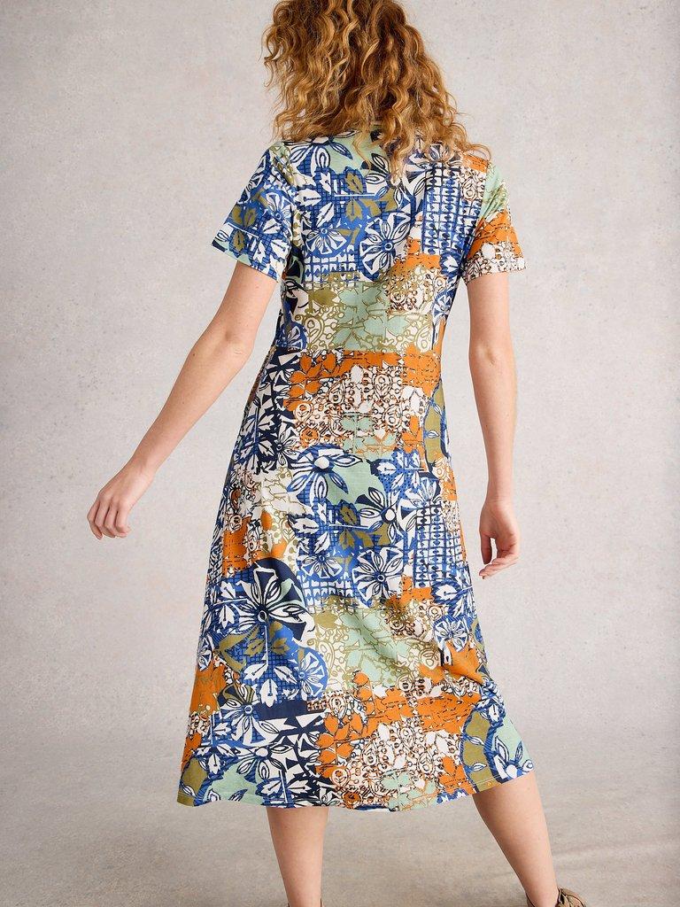 Rua Jersey Collared Shirt Midi Dress in ORANGE MLT - MODEL BACK