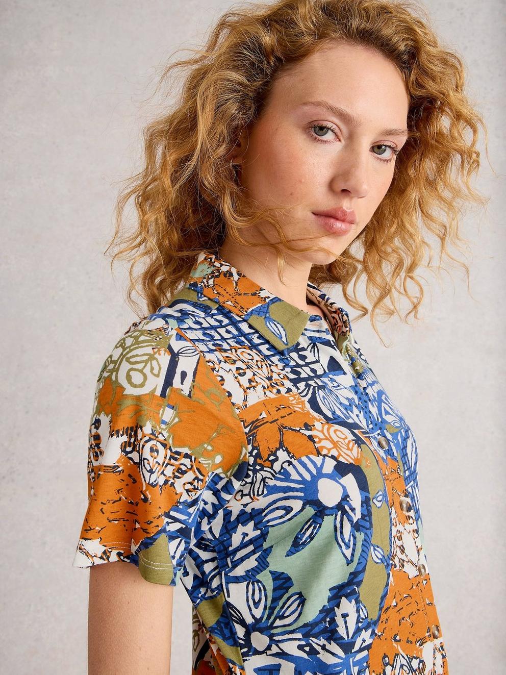 Rua Jersey Collared Shirt Midi Dress in ORANGE MLT - MODEL DETAIL