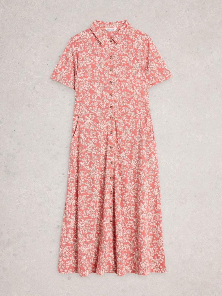 Rua Jersey Collared Shirt Midi Dress in PINK MLT - FLAT FRONT