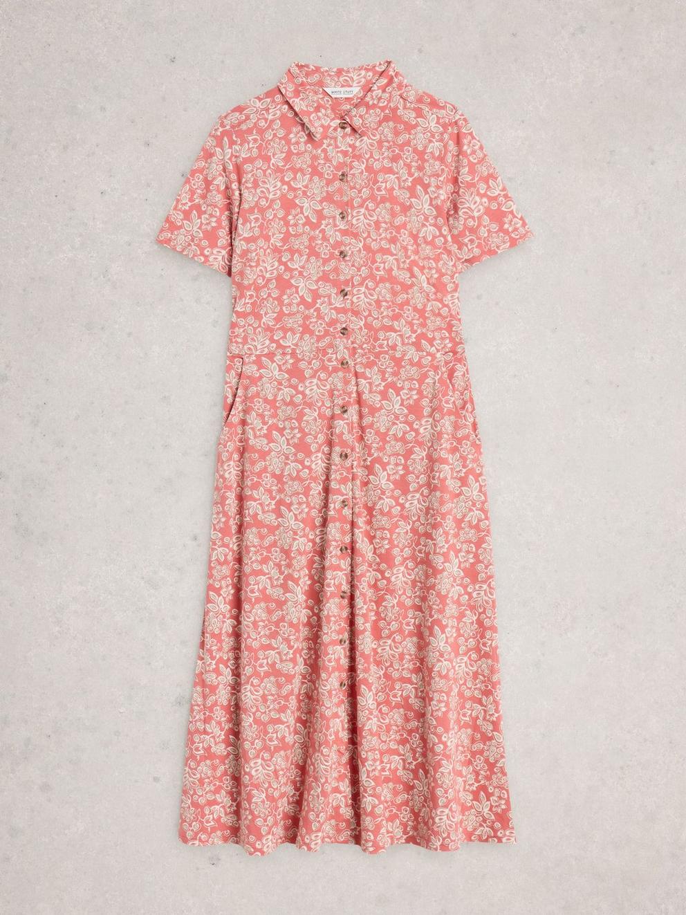 Rua Jersey Collared Shirt Midi Dress in PINK MLT - FLAT FRONT